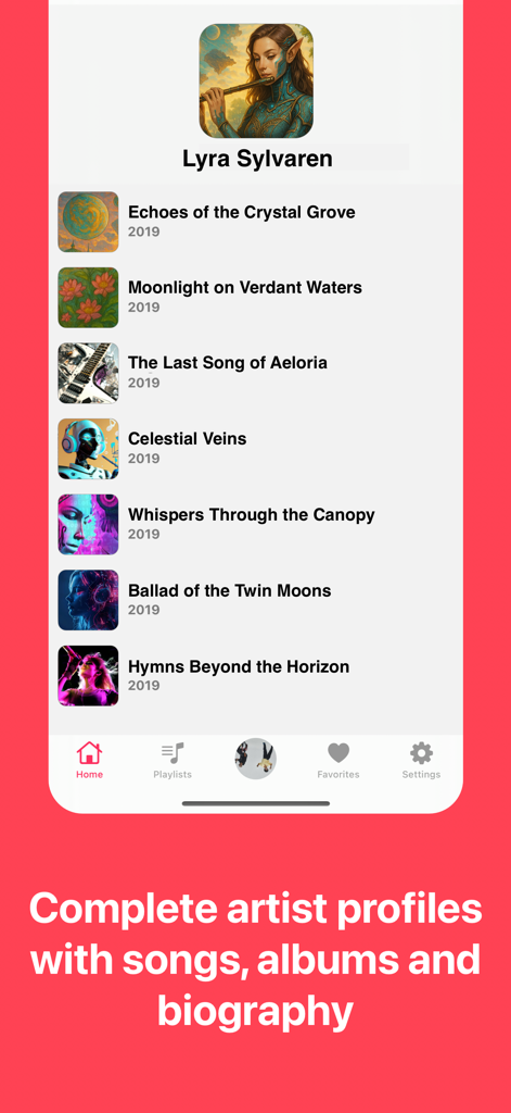 Artist profile page in MusiX Pro app showing a list of songs and albums by Lyra Sylvaren.