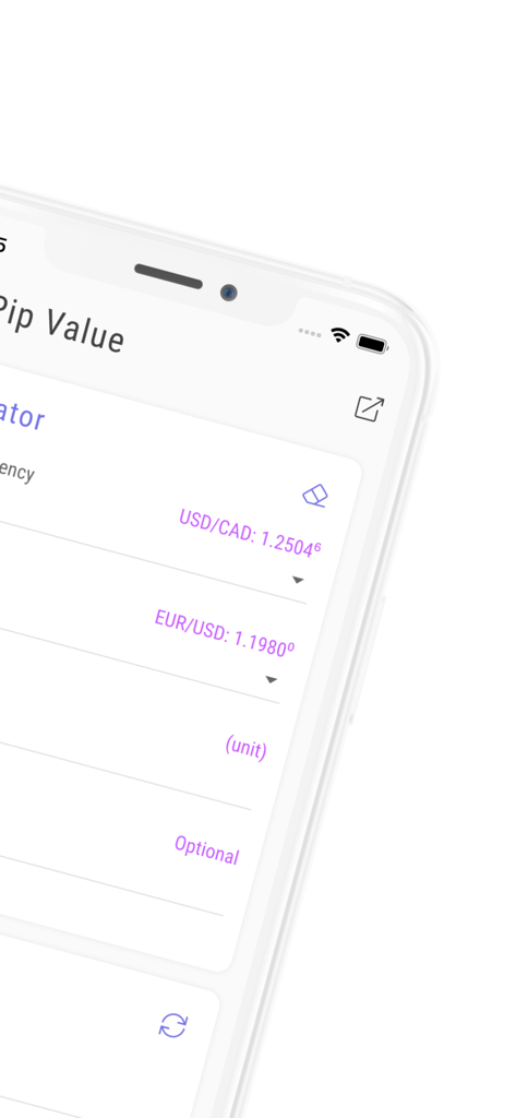 Interfaz de la aplicación Pip Calculator que muestra las tasas de divisas Forex USD/CAD y EUR/USD