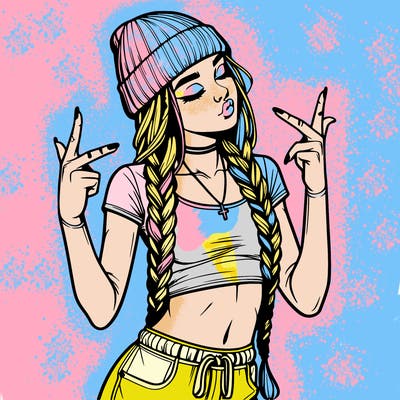 realistic teenage girl with braids and a beanie and crop top doing 🫶🏼