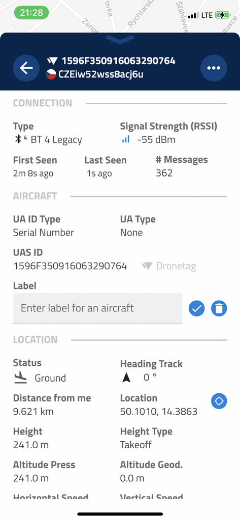 Screenshot of Drone Scanner app showing detailed Remote ID telemetry including signal strength and GPS location