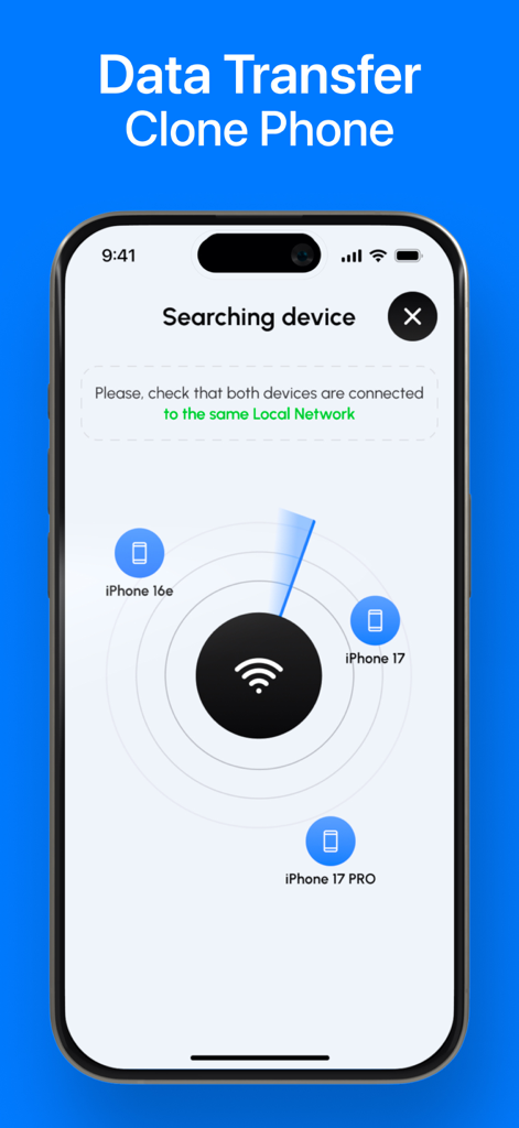 Smart Switch app interface showing a radar animation searching for nearby iPhones to clone and transfer data wirelessly.