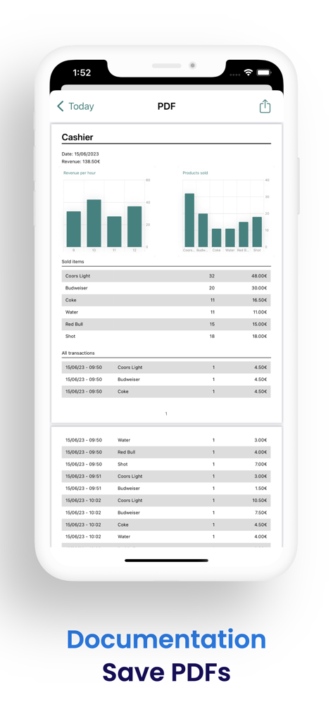 Um relatório de resumo de vendas em PDF em um iPhone mostrando gráficos de receita e listas de transações.