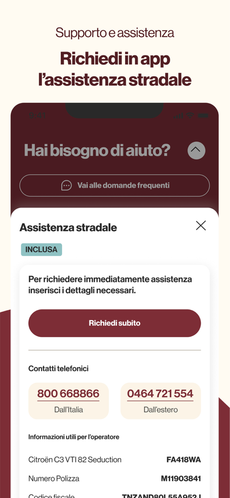 ITAS assicurazioni - Interfaccia dell'app assicurativa ITAS per richiedere assistenza stradale con numeri di contatto e dettagli del veicolo