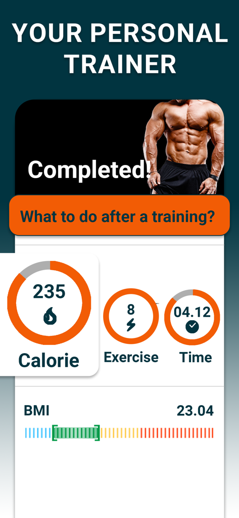 Abs and Core Workout at Home - Abs workout app screen showing completed exercise summary with calories and BMI
