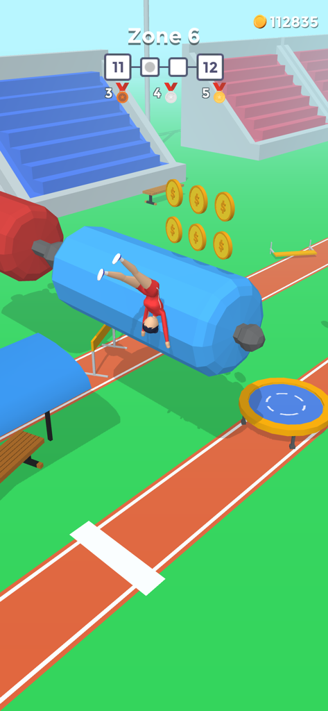 Flip Jump Stack - A gymnast character performing a flip over a large blue obstacle in Flip Jump Stack mobile game