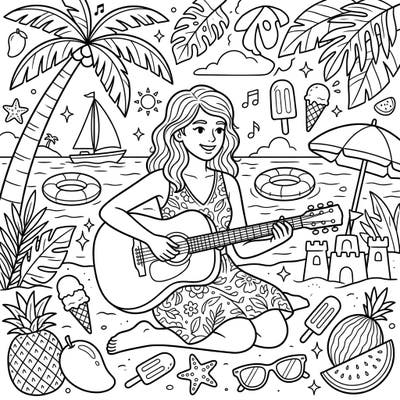 Capture the relaxed rhythm of summer with this delightful coloring page featuring a musician playing guitar on a sunny beach. It’s a perfect escape for anyone who loves music, the ocean, and creative expression.