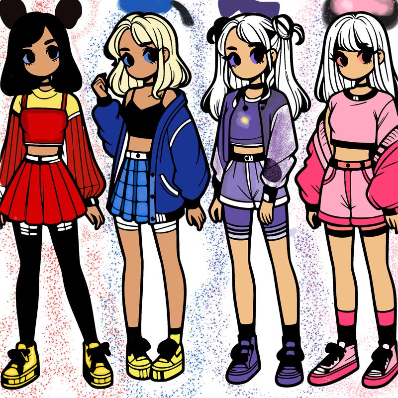 one girl with crop-top shirt and a jacket with a skirt, long socks and another girl with a shirt and pants with a jacket