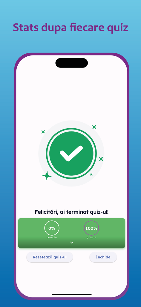 Mobile app screen showing quiz results and performance statistics after completing a Romanian Baccalaureate study session.