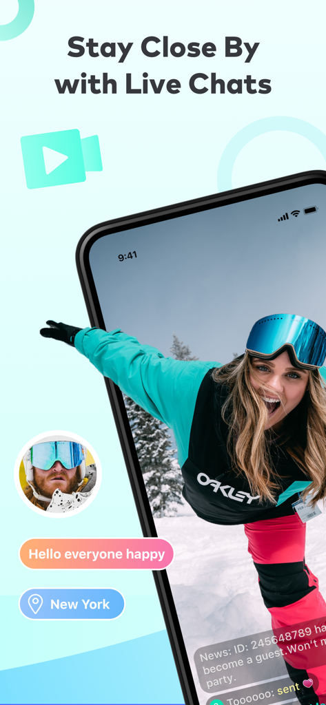 A woman live streaming in ski gear on a mobile phone interface with live chat bubbles