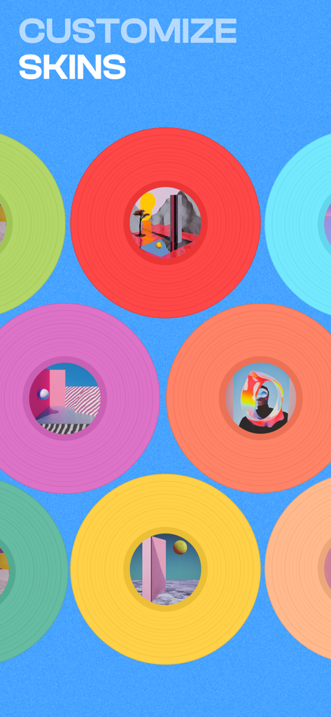 A variety of colorful vinyl records with unique artwork labels representing deck customization options in Cross DJ.
