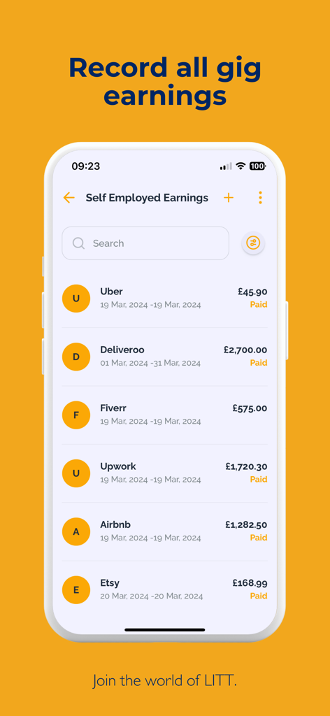 Tela do aplicativo LITT exibindo ganhos de autônomos de várias plataformas de bicos como Uber e Fiverr.