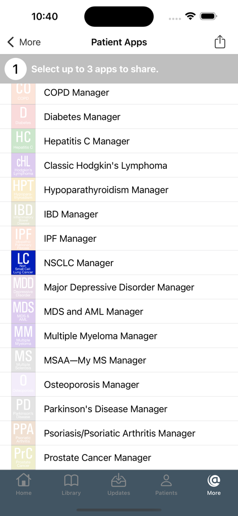 A screen in the Hem/Onc app showing a list of patient disease management apps available for sharing