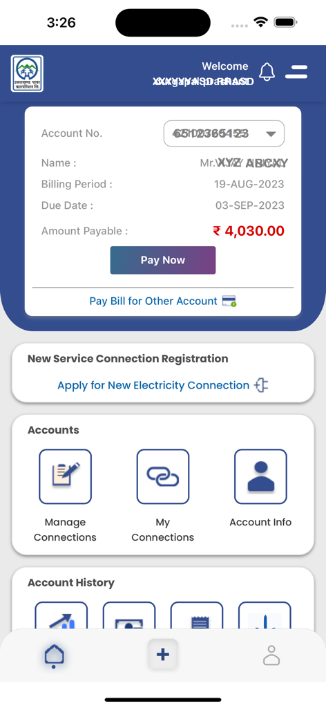 Dashboard of the UPCL Consumer Self Service app displaying electricity bill details and a payment button.