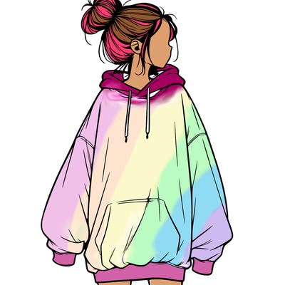 realistic girl with a oversized sweatshirt on and a bun