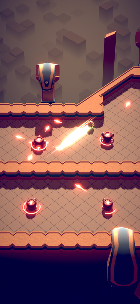 Vista cenital de la jugabilidad de Flaming Core con una bola brillante rebotando a través de un nivel de neón naranja con enemigos y trampas