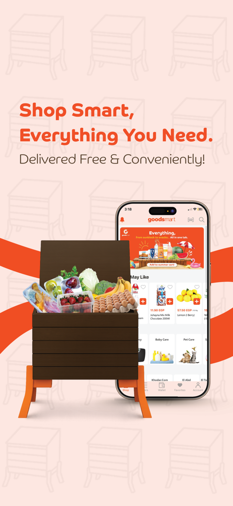 GoodsMart - GoodsMart mobile app showing grocery categories next to a wooden delivery box filled with fresh produce and household items.