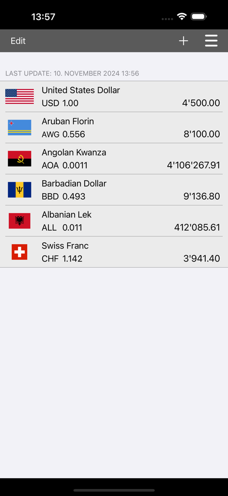 Pantalla móvil de la aplicación X-Currency mostrando una lista limpia de múltiples divisas internacionales con banderas y tipos de cambio