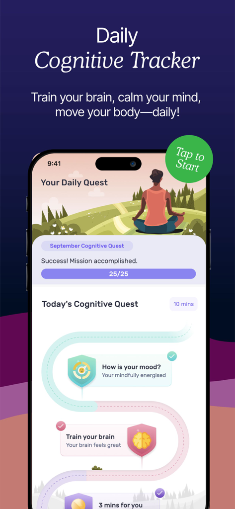 Ivory: Brain Training Games - A mobile screen showing the Ivory app daily cognitive tracker and quest interface for brain health and mental wellness