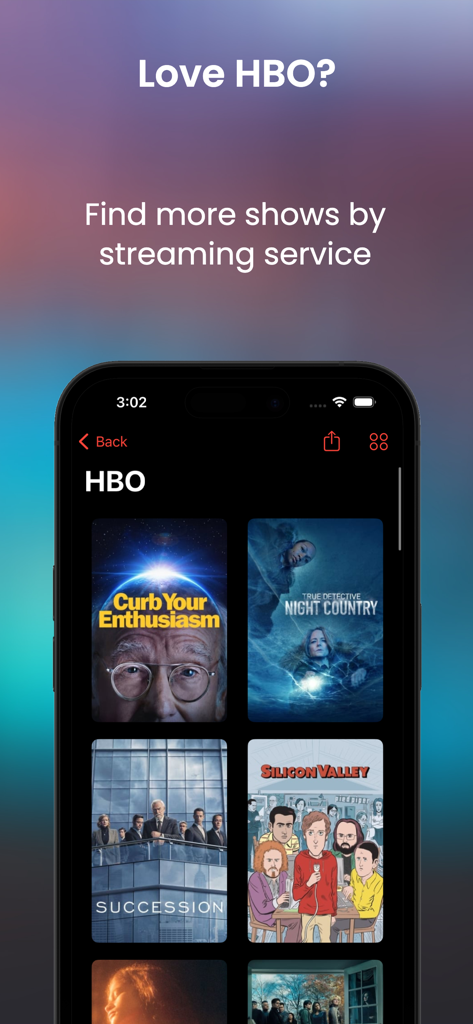 ストリーミング中のアプリインターフェース。SuccessionやTrue Detectiveを含むHBO番組のリストが表示されています。