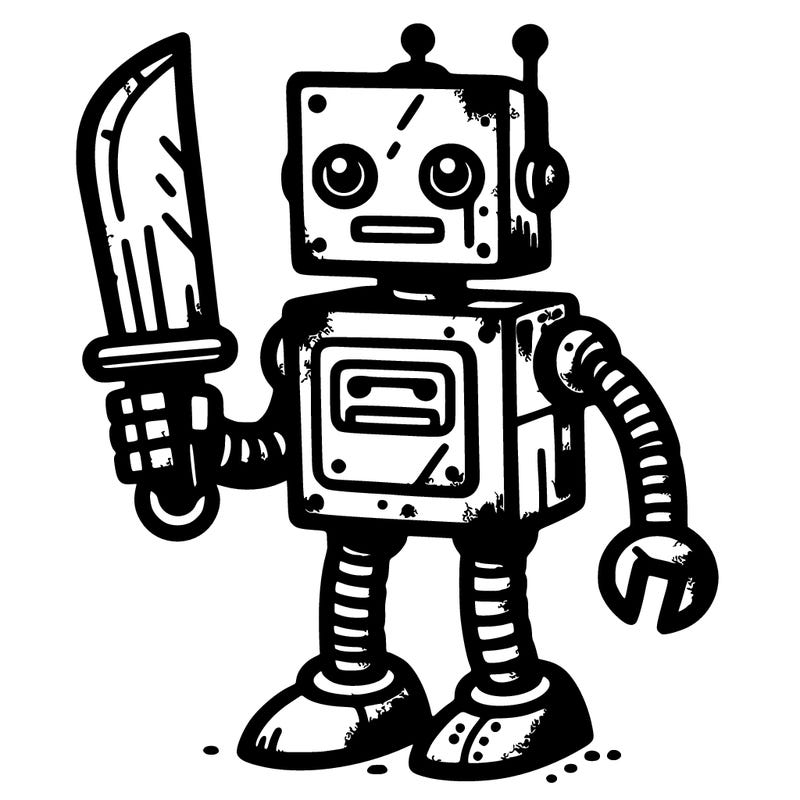 rusty robot with a blade for his left arm