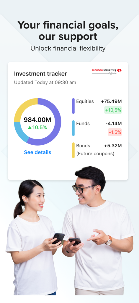 Techcombank Mobile - A screenshot of the Techcombank Mobile app investment tracker showing a portfolio breakdown with a growth chart.