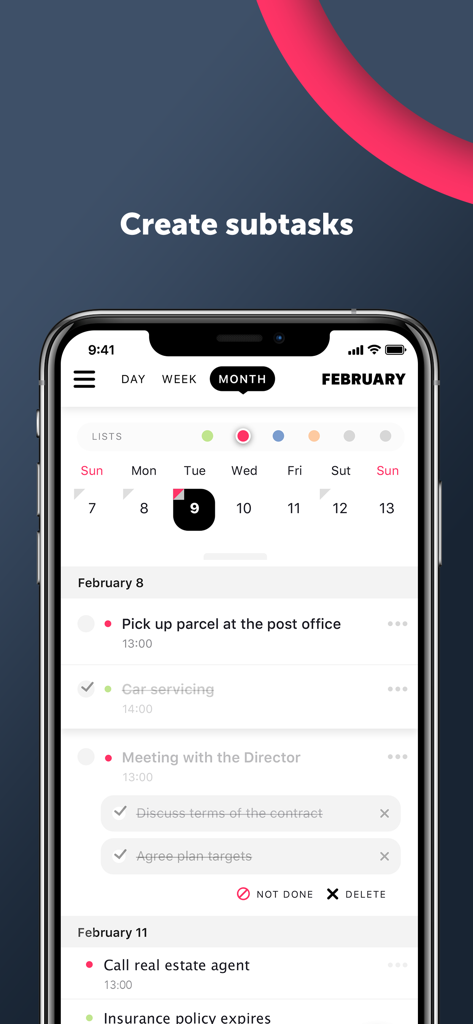 Planner iPlan - todo,diary - Planner iPlan app interface displaying a task list with subtasks under a monthly calendar view