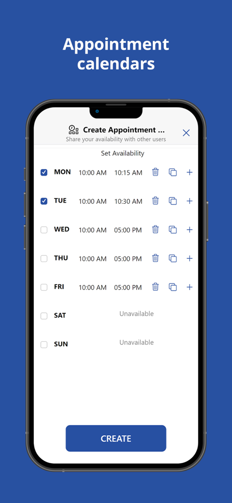 Qik Office - Qik Office app interface for setting appointment availability and weekly schedules