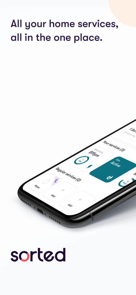 Sorted - Sortedアプリのダッシュボードが表示されたスマートフォン。電気やガスなどのホームサービスを管理します。