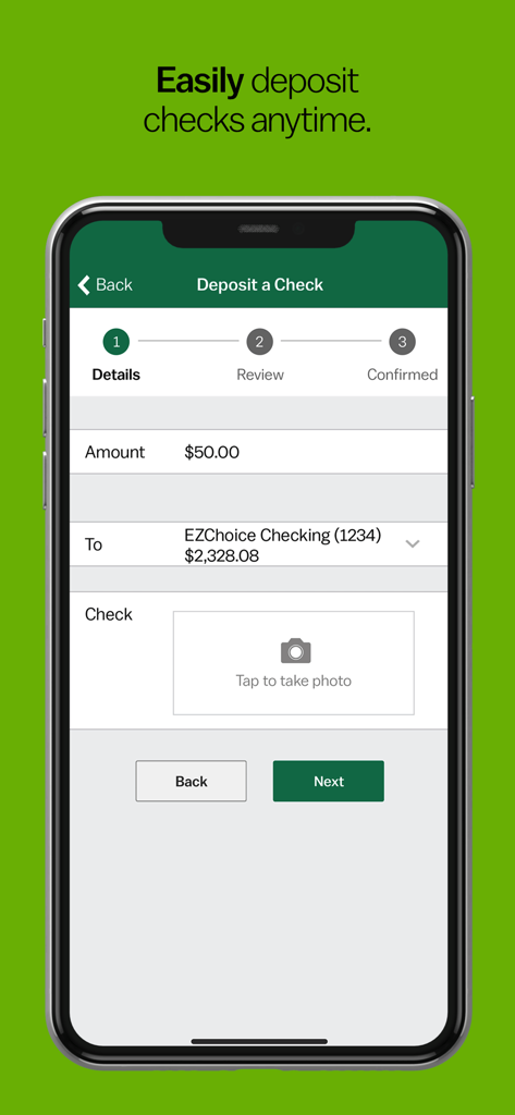 M&T Mobile Banking - Ein Smartphone, das den Bildschirm der M&T Mobile Banking App zum Einzahlen eines Schecks anzeigt