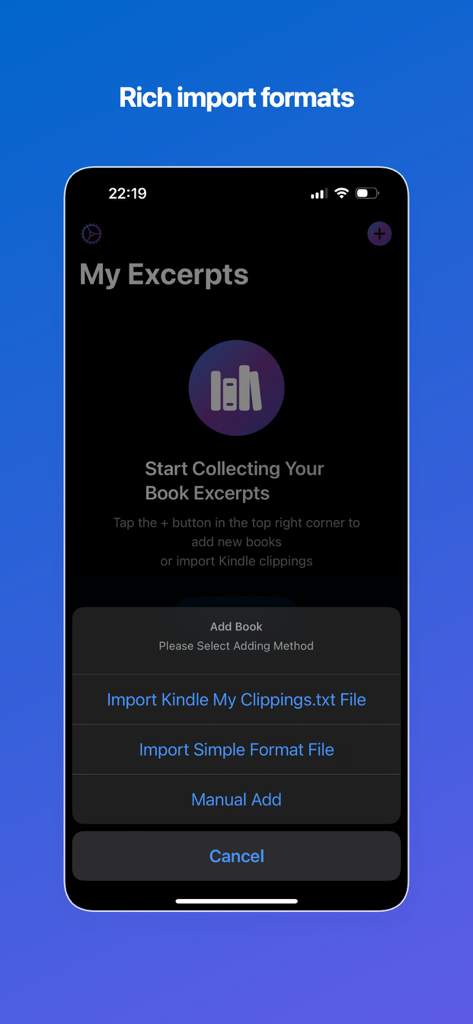 WordGlean - Kindle Highlights - Interfaz de la aplicación WordGlean que muestra un menú con opciones para importar recortes de Kindle, archivos de formato simple o extractos manuales.