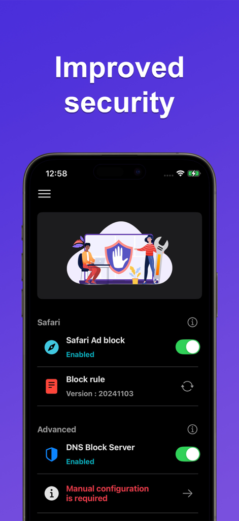Ad Blocker Pro - Secure & Safe - Ad Blocker Pro app interface showing enabled Safari ad block and DNS block server for improved mobile security