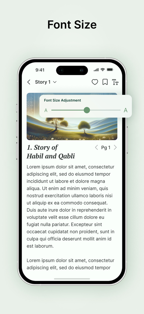 Quran Stories in Islam - Interface showing font size adjustment on a story page in the Quran Stories in Islam app