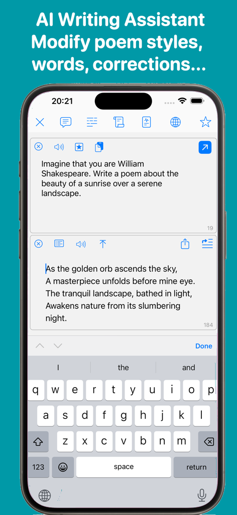 Poetry - Poems - Función de asistente de escritura de IA en la aplicación Poetry en iPhone.