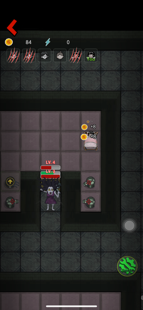 A ghost character attacking a room protected by turrets in the Haunted Dorm game