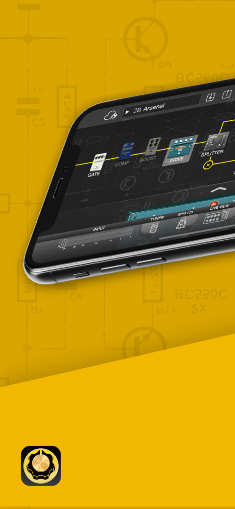 Un smartphone mostrando la cadena de señal de guitarra de BIAS FX con pedales virtuales sobre un fondo amarillo