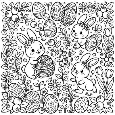 Celebrate Easter with this adorable coloring page, where charming bunnies hop among decorated eggs and sweet blueberry bushes. It's a perfect blend of spring joy and fruity delight, ready for your creative touch.