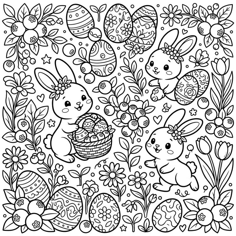 Celebrate Easter with this adorable coloring page, where charming bunnies hop among decorated eggs and sweet blueberry bushes. It's a perfect blend of spring joy and fruity delight, ready for your creative touch.