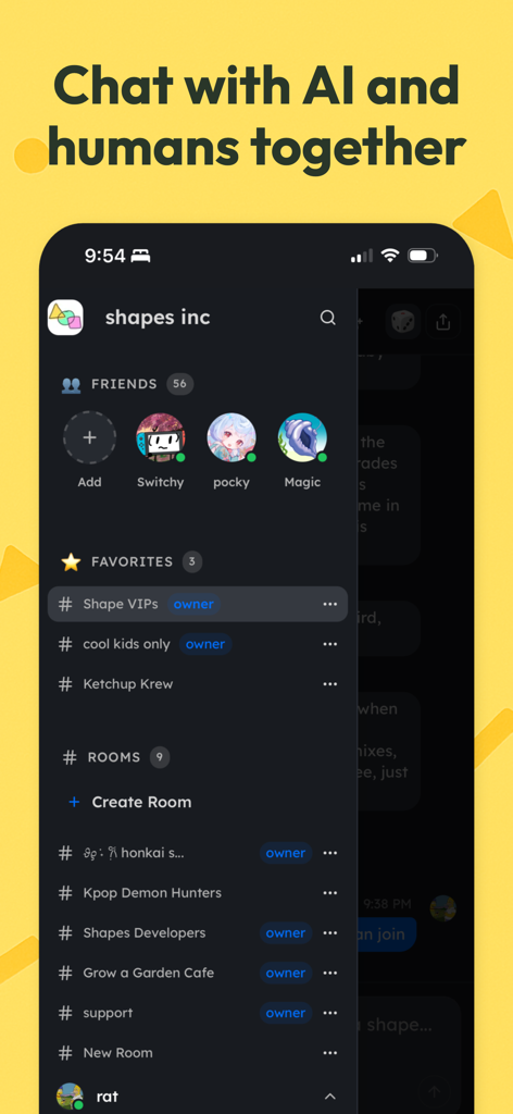 Shapes Inc app interface showing AI friends and group chat rooms