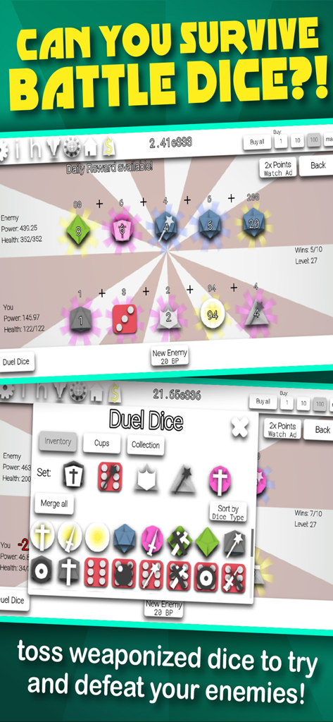 Idle Dice: Incremental Game - Idle Dice Battle Dice mode gameplay showing weaponized dice duels