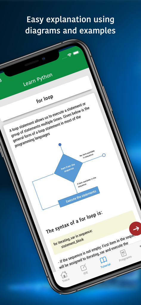 Python 3 - 로직 순서도와 코드 구문이 포함된 for 반복문에 대한 Python 3 튜토리얼을 보여주는 모바일 화면