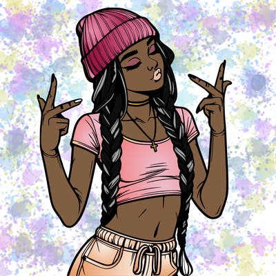 realistic teenage girl with braids and a beanie and crop top doing 🫶🏼