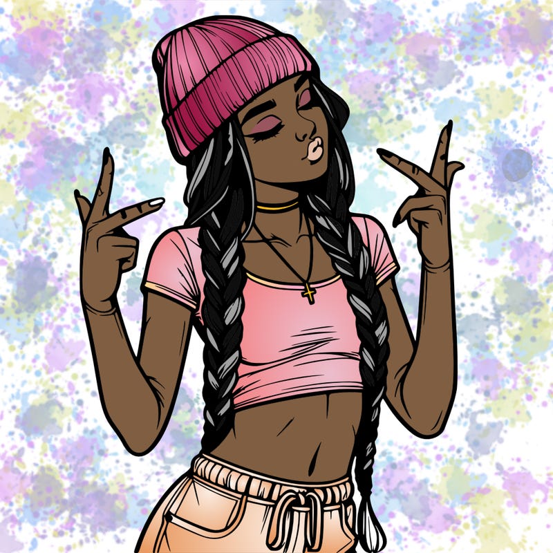 realistic teenage girl with braids and a beanie and crop top doing 🫶🏼