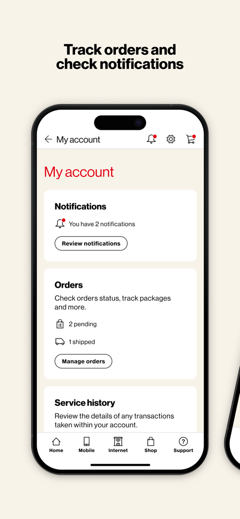 Interfaccia dell'app My Verizon For Business per il monitoraggio degli ordini e la revisione delle notifiche dell'account