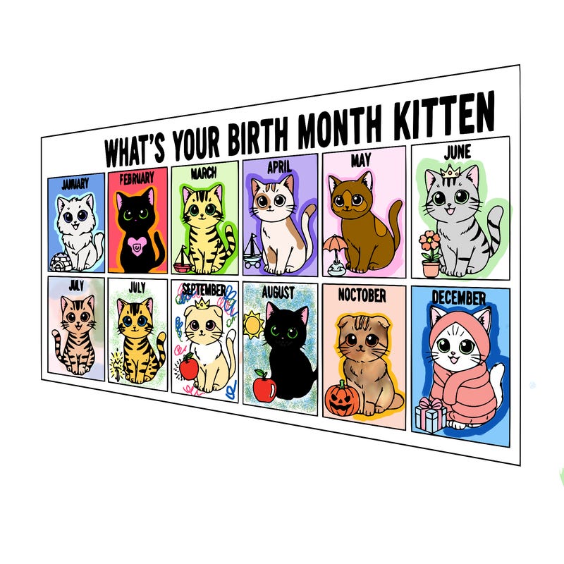 i wanna make a chart of what’s your birth month kitten and i want the kittens to look super cute and i just want the kittens to not be wearing anything and i want them each to have a special little toy next to them and i don’t want it to be a circle shape. i want it to be a.