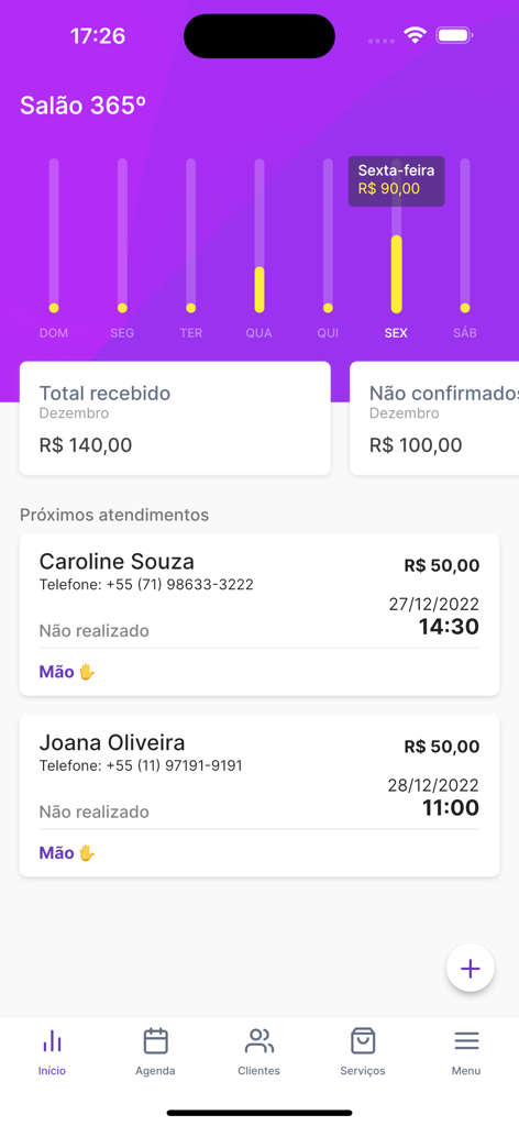 Panel de la aplicación Salão 365 que muestra un gráfico de ganancias diarias y una lista de próximas citas de salón de belleza