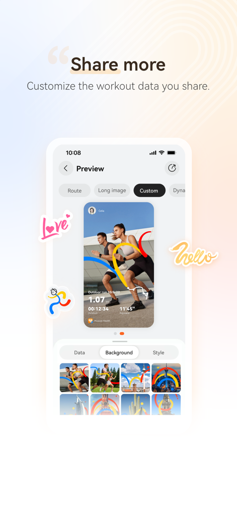 HUAWEI Health - Huawei Healthアプリで、背景画像とGPSルートオーバーレイを使用してワークアウトデータの共有をカスタマイズするためのインターフェイス。