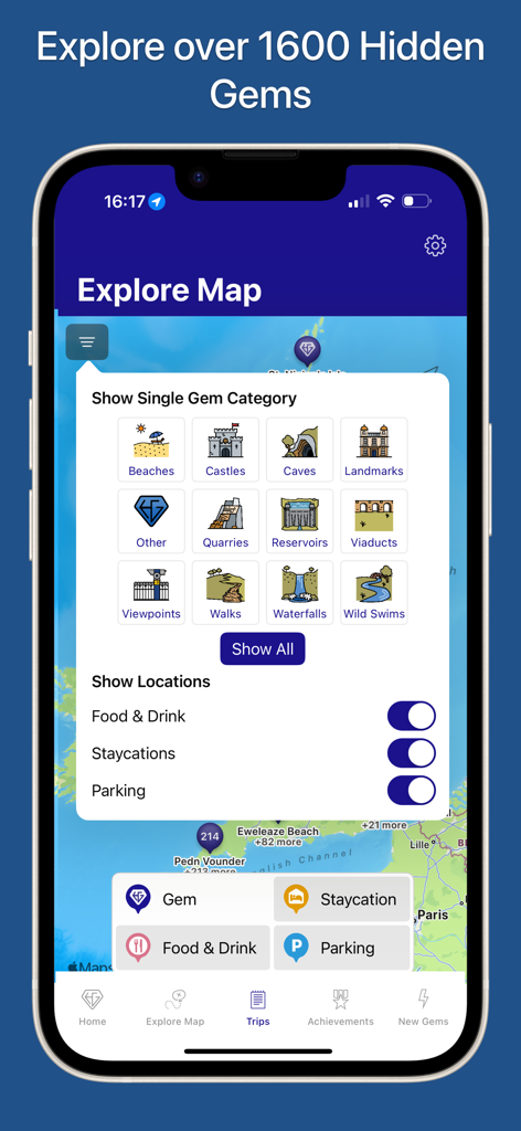 UK Hidden Gems - Interface of the UK Hidden Gems app showing an interactive map with category filters for waterfalls, beaches, and parking locations.