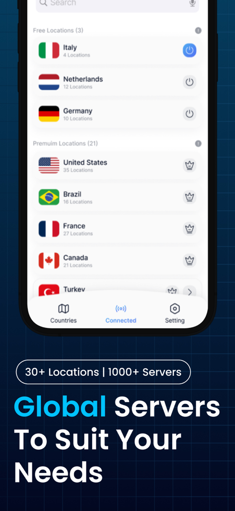 Global VPN server locations list with free and premium options