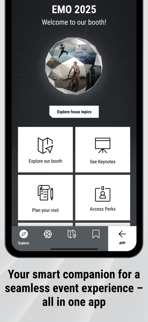 DMG MORI - EMO 2025의 DMG MORI 이벤트 컴패니언 앱 화면으로 부스 안내 및 방문객 혜택을 보여줍니다.