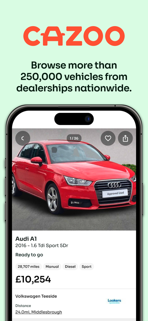 Smartphone screen showing the Cazoo app used car listing for a red Audi A1